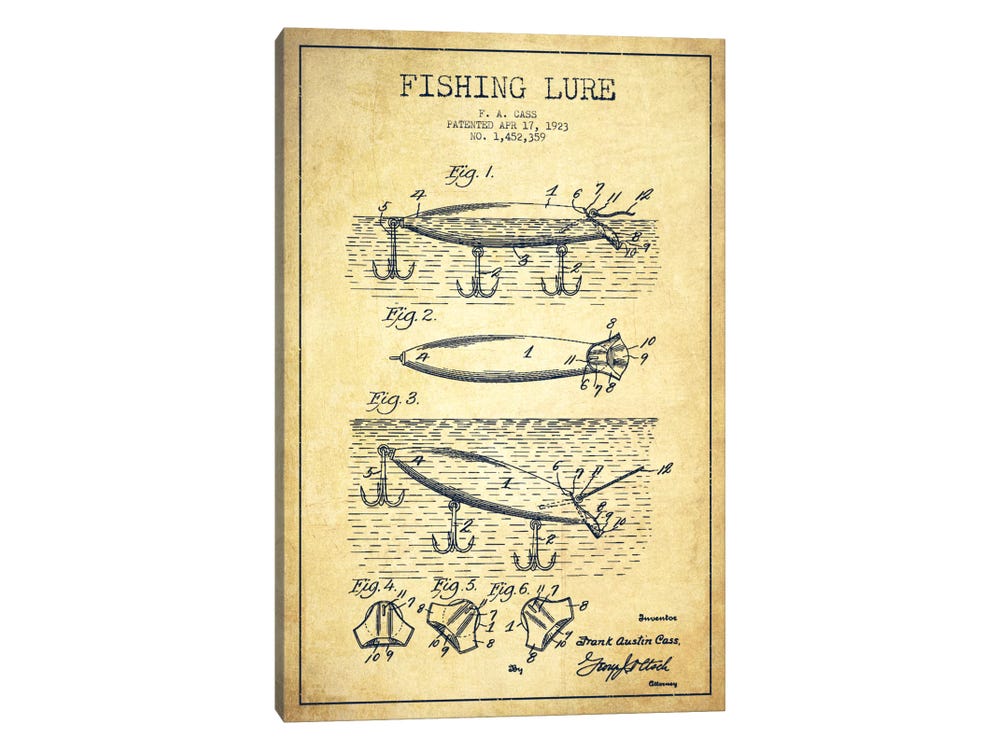 Aged Pixel Canvas Wall Decor Prints - Fishing Tackle Vintage Patent Blueprint ( Sports > Fishing art) - 40x26 in