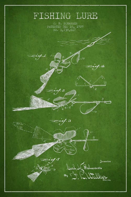 Fishing Tackle Green Patent Blueprint by Aged Pixel wall art