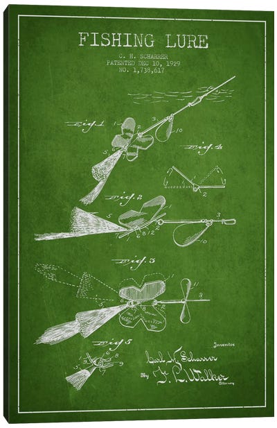 Fishing Tackle Green Patent Blueprint Canvas Art Print