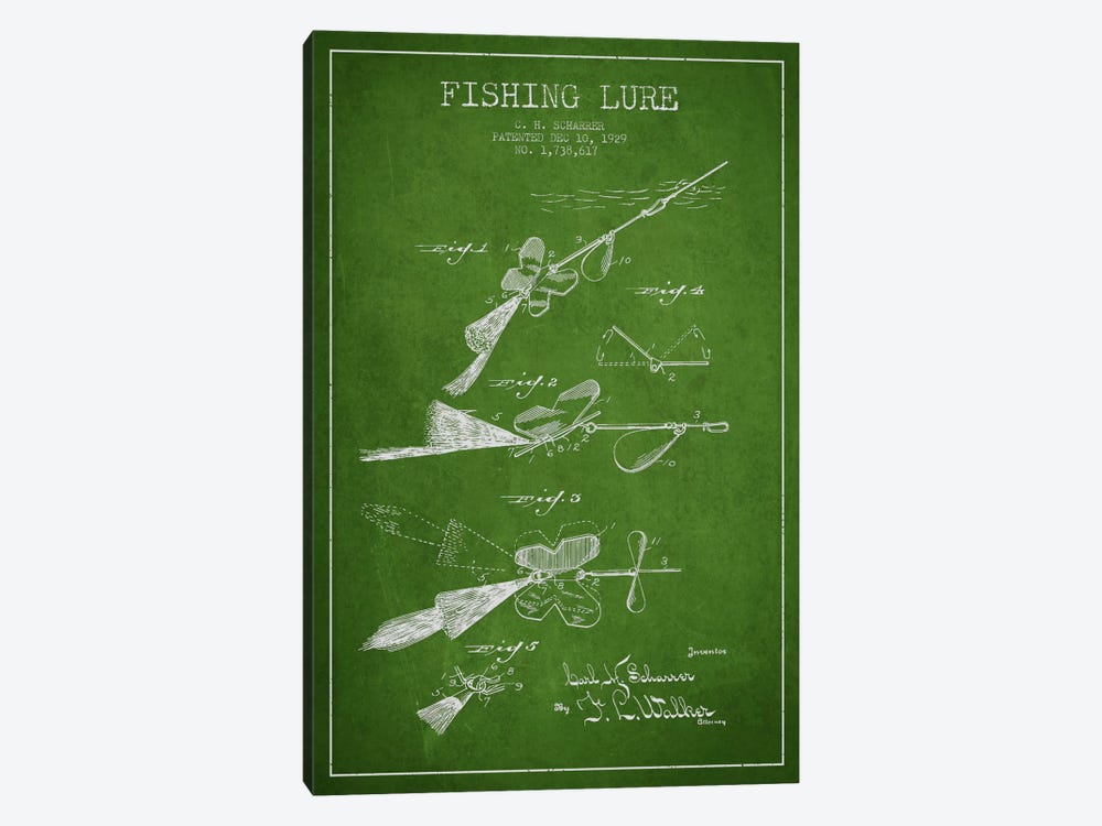 Fishing Tackle Green Patent Blueprint by Aged Pixel 1-piece Canvas Art Print