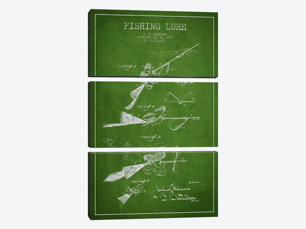 Fishing Tackle Green Patent Blueprint by Aged Pixel 3-piece Art Print