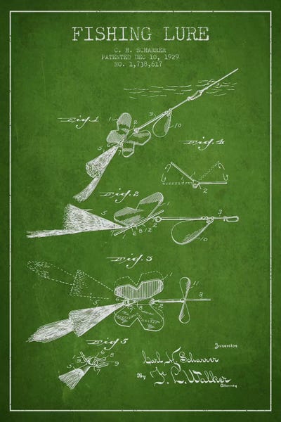 Fishing: Fishing Tackle Green Patent Blueprint by Aged Pixel