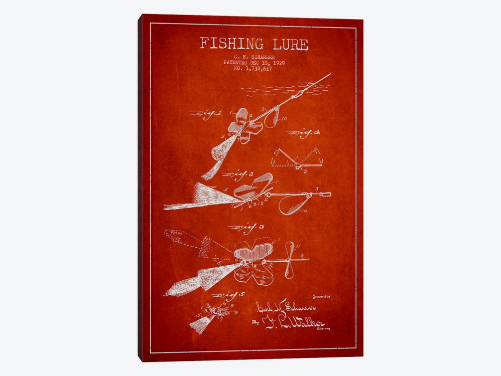 Fishing Tackle Red Patent Blueprint by Aged Pixel 1-piece Canvas Print