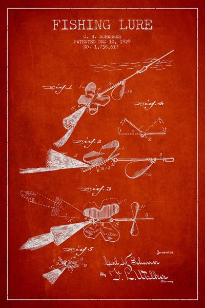 Fishing: Fishing Tackle Red Patent Blueprint by Aged Pixel