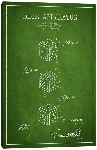 Dice Green Patent Blueprint Canvas Art Print - Toy & Game Blueprints