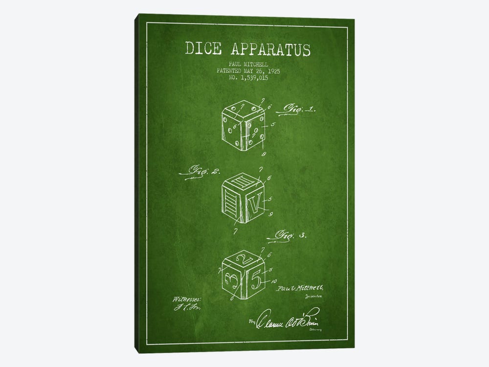 Dice Green Patent Blueprint by Aged Pixel 1-piece Canvas Artwork