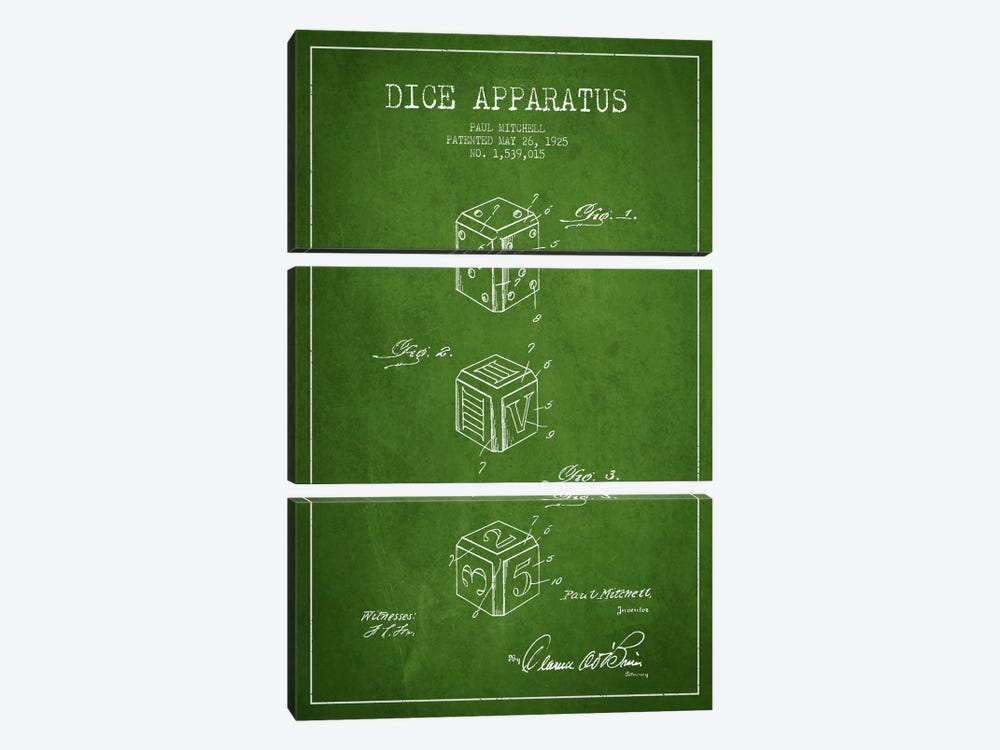 Dice Green Patent Blueprint by Aged Pixel 3-piece Canvas Art
