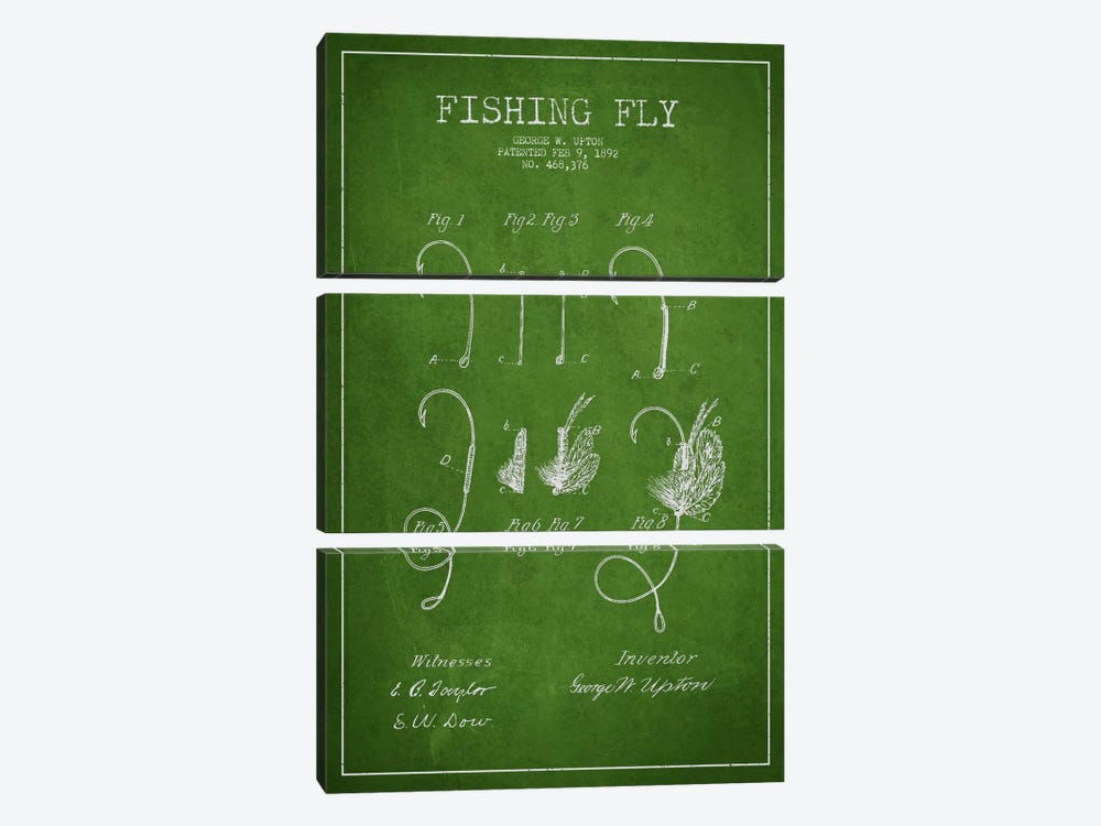 Fishing Tackle Green Patent Blueprint by Aged Pixel 3-piece Canvas Art Print