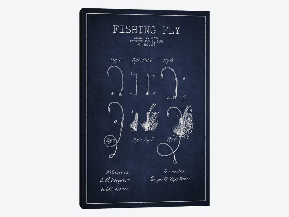 Fishing Tackle Navy Blue Patent Blueprint by Aged Pixel 1-piece Canvas Wall Art