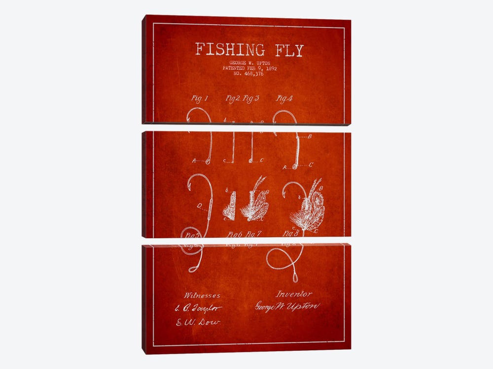 Fishing Tackle Red Patent Blueprint by Aged Pixel 3-piece Canvas Art Print