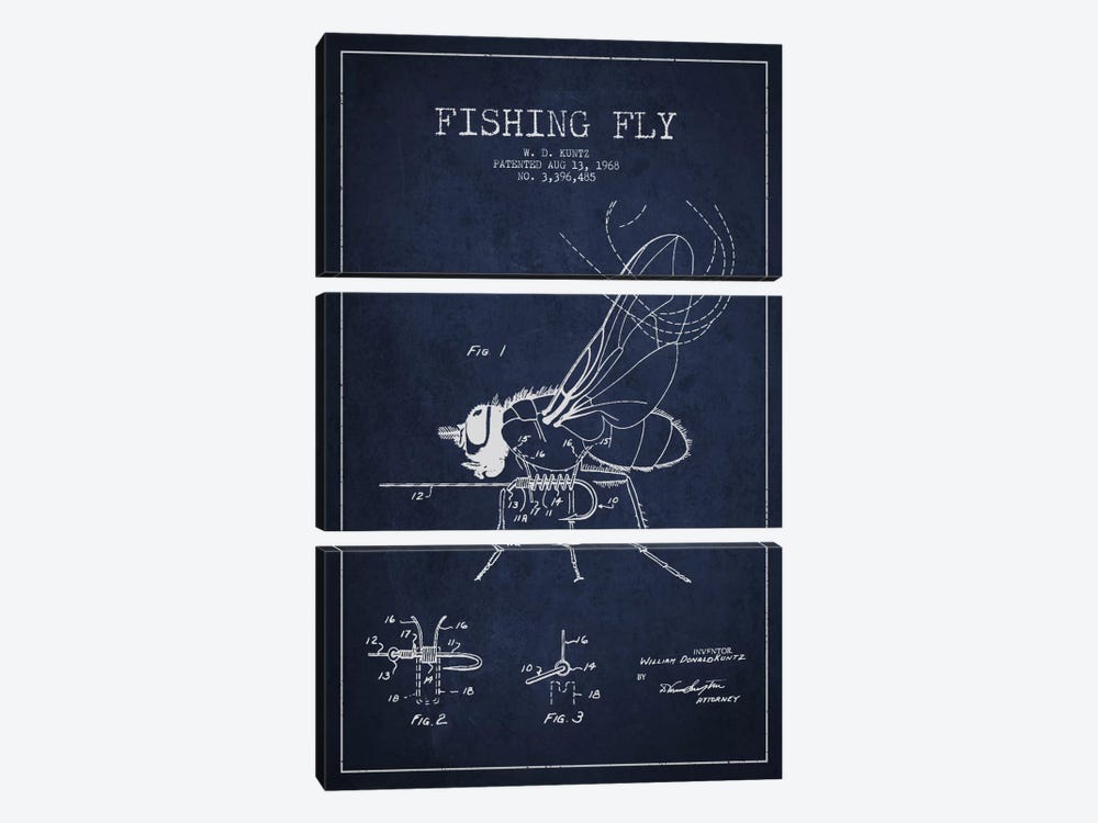 Fishing Tackle Navy Blue Patent Blueprint by Aged Pixel 3-piece Canvas Print