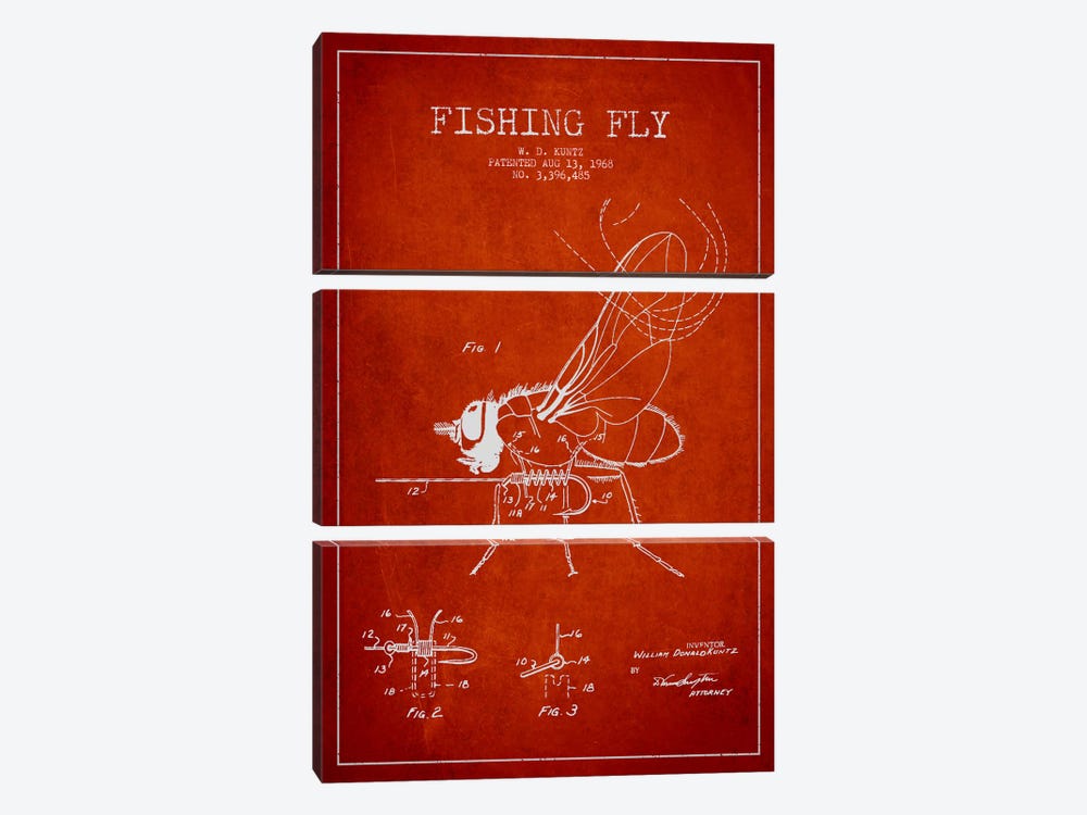 Fishing Tackle Red Patent Blueprint by Aged Pixel 3-piece Canvas Art