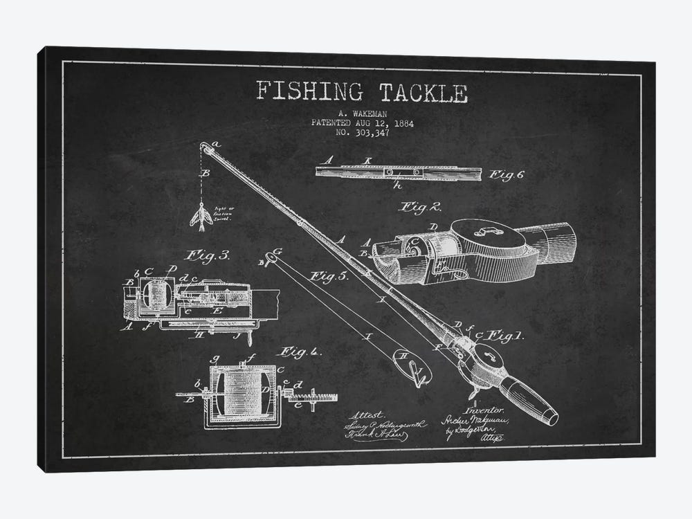 Fishing Tackle Dark Patent Blueprint by Aged Pixel 1-piece Canvas Artwork