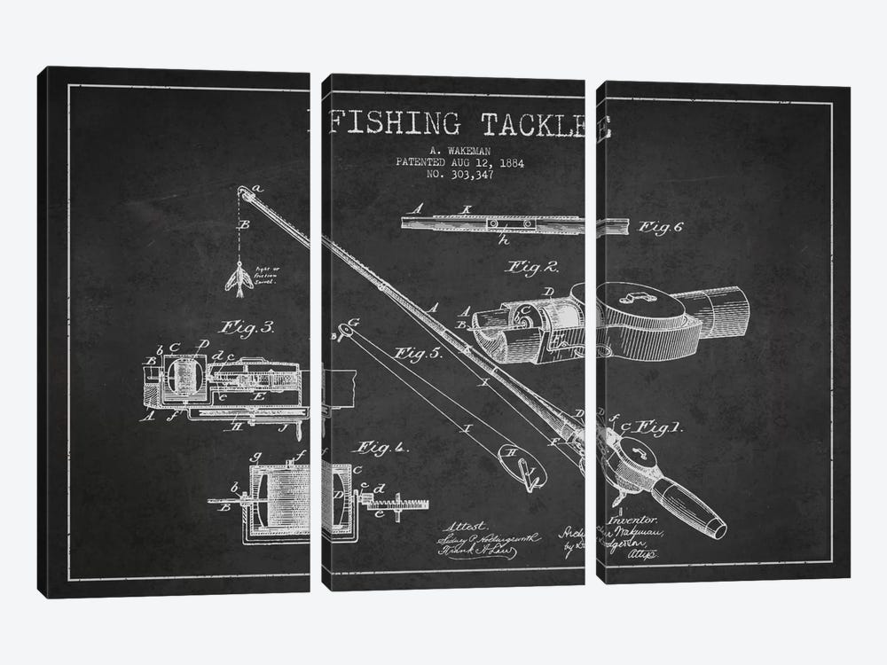 Fishing Tackle Dark Patent Blueprint by Aged Pixel 3-piece Canvas Wall Art