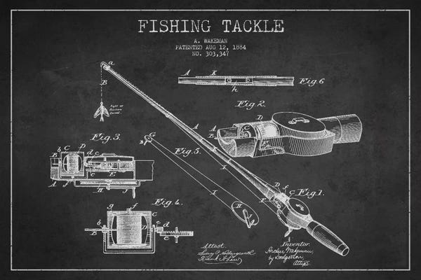 Fishing: Fishing Tackle Dark Patent Blueprint by Aged Pixel