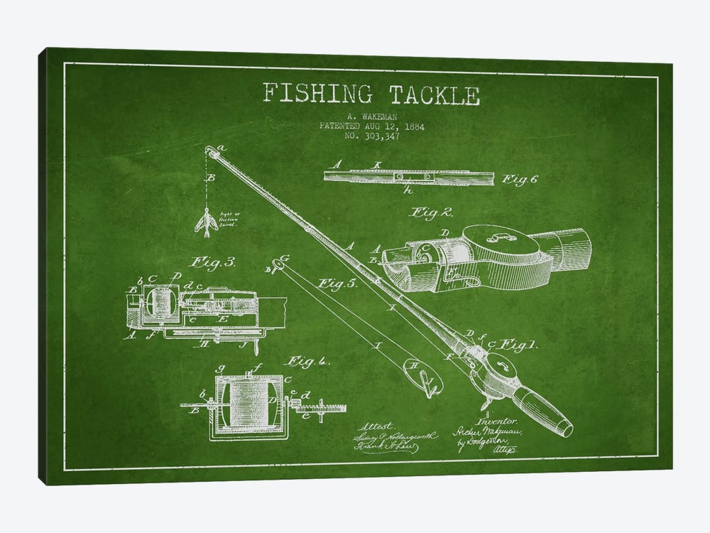 Fishing Tackle Green Patent Blueprint by Aged Pixel 1-piece Canvas Print