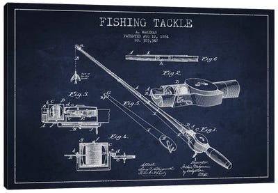 Fishing Tackle Navy Blue Patent Blueprint Canvas Art Print - Aged Pixel