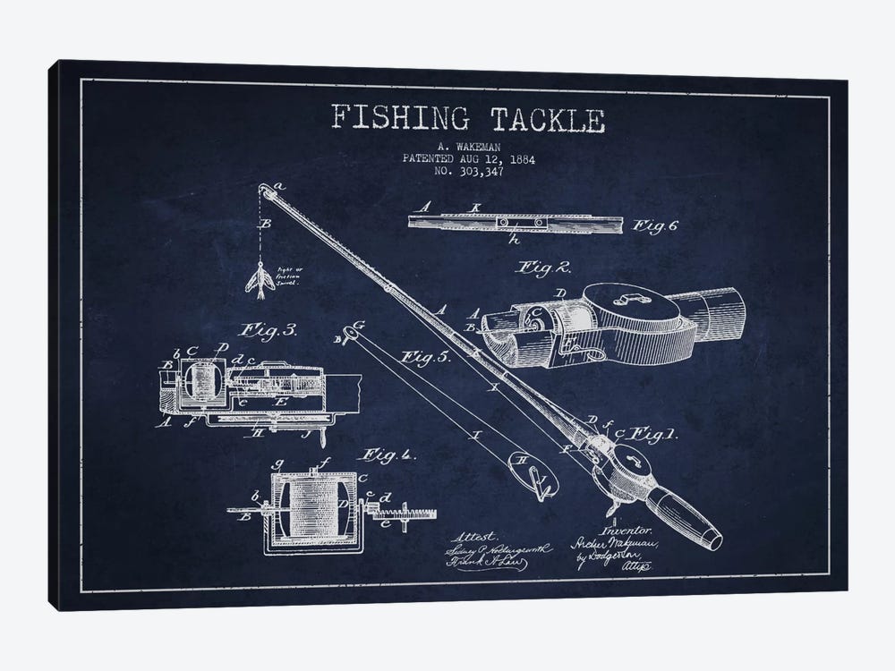 Fishing Tackle Navy Blue Patent Blueprint by Aged Pixel 1-piece Canvas Art