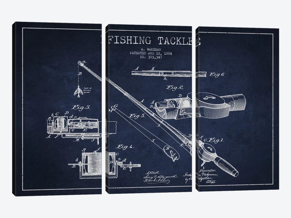 Fishing Tackle Navy Blue Patent Blueprint by Aged Pixel 3-piece Canvas Artwork