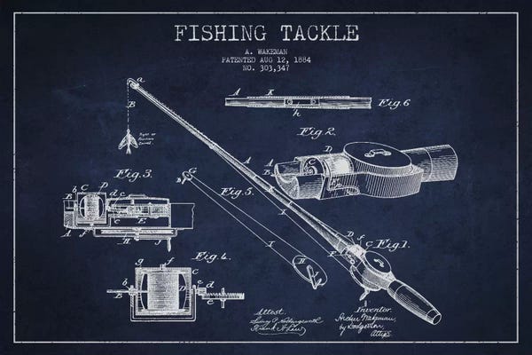 Fishing: Fishing Tackle Navy Blue Patent Blueprint by Aged Pixel