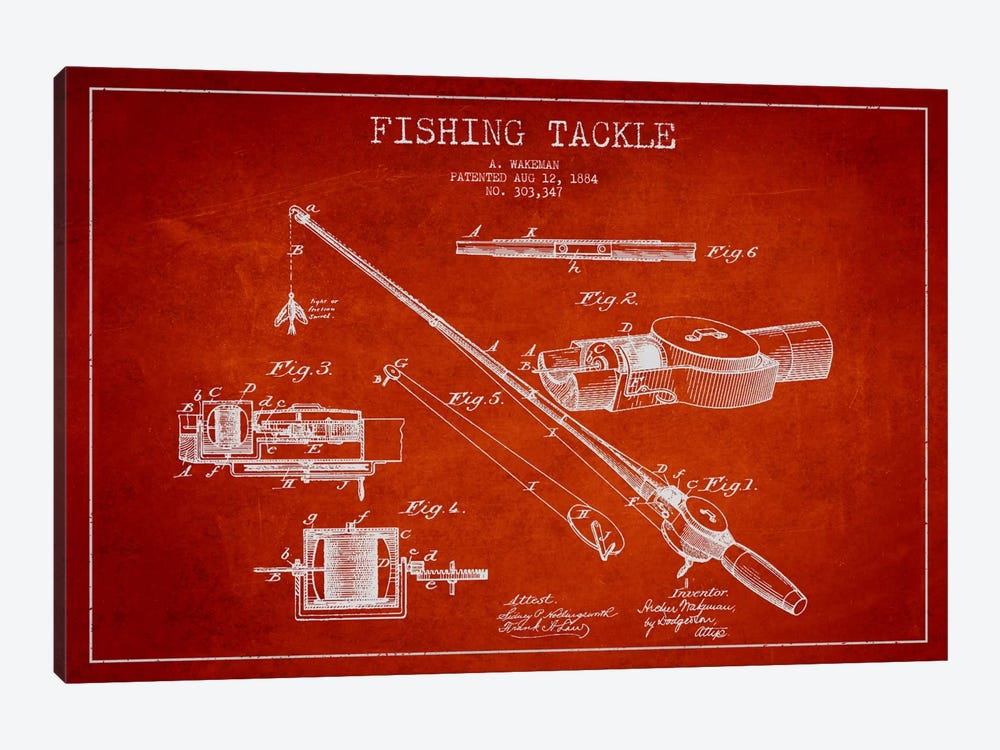 Fishing Tackle Red Patent Blueprint by Aged Pixel 1-piece Canvas Art Print