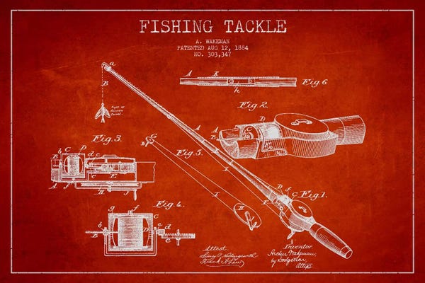 Fishing: Fishing Tackle Red Patent Blueprint by Aged Pixel