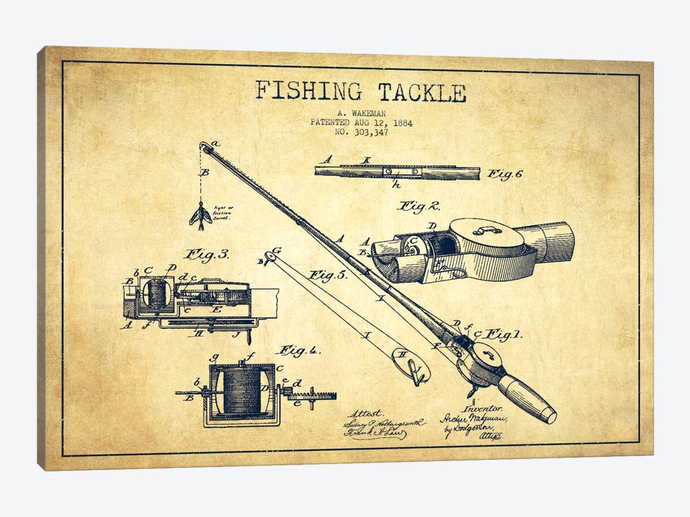 Fishing Tackle Vintage Patent Blueprint by Aged Pixel 1-piece Canvas Artwork