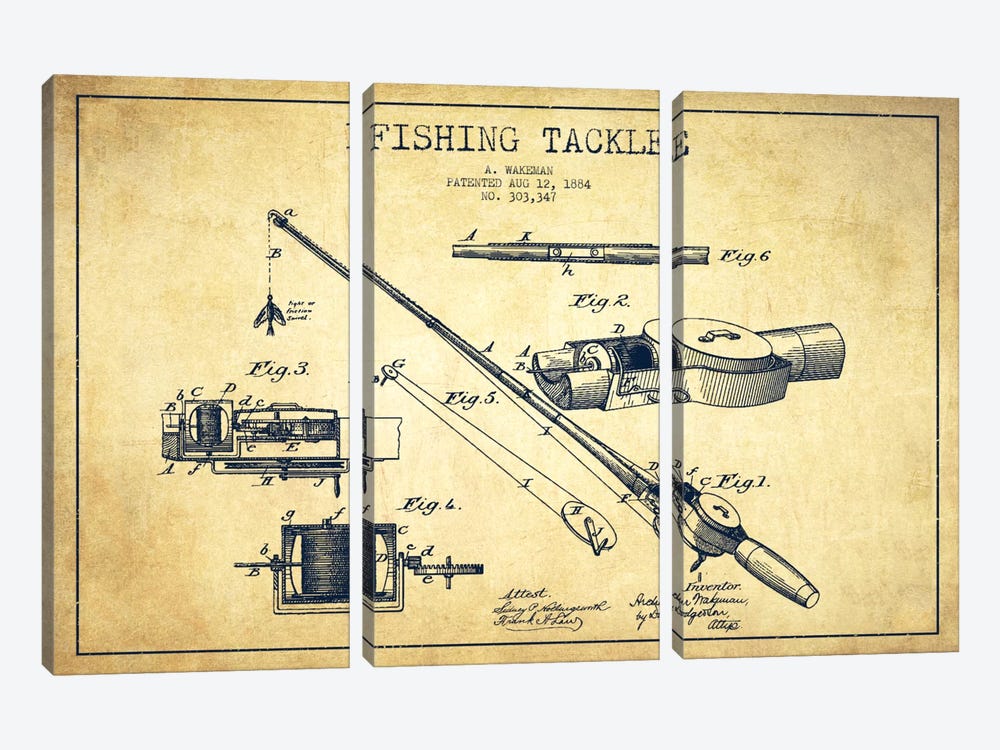Fishing Tackle Vintage Patent Blueprint by Aged Pixel 3-piece Canvas Wall Art