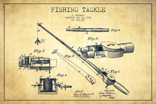 Kids Sports Art: Fishing Tackle Vintage Patent Blueprint by Aged Pixel