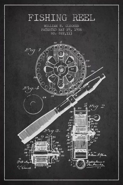 Sports Blueprints: Fishing Reel Charcoal Patent Blueprint by Aged Pixel