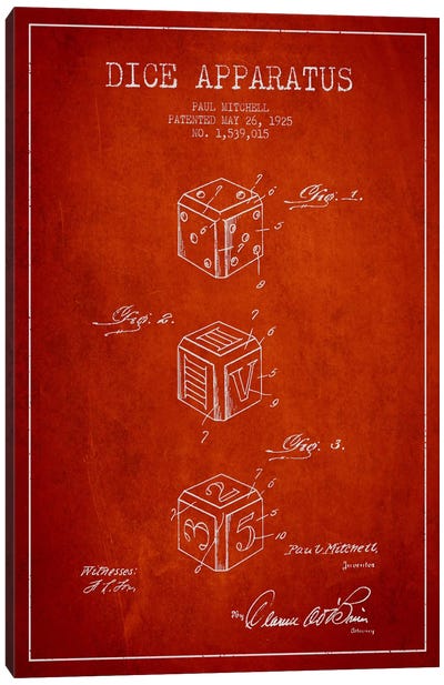 Dice Red Patent Blueprint Canvas Art Print - Gambling Art