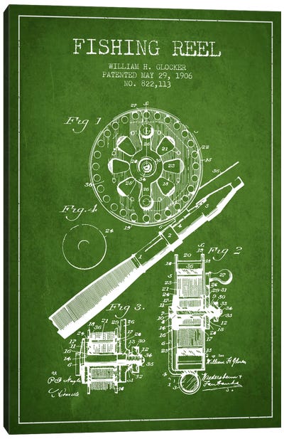Fishing Reel Green Patent Blueprint Canvas Art Print - Sports Blueprints