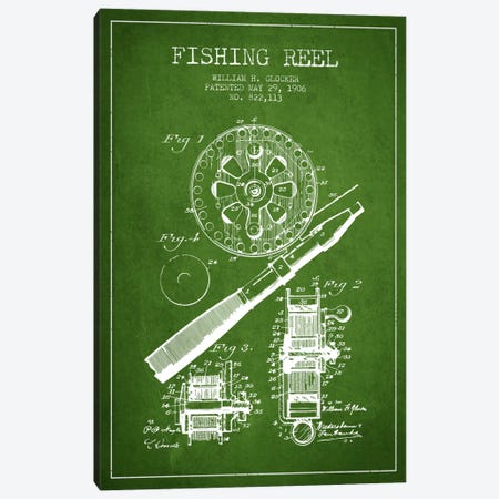 Fishing Reel Green Patent Blueprint Canvas Print #ADP1200} by Aged Pixel Canvas Art