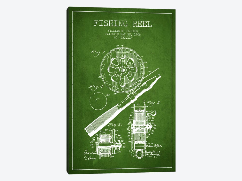 Fishing Reel Green Patent Blueprint by Aged Pixel 1-piece Canvas Art Print