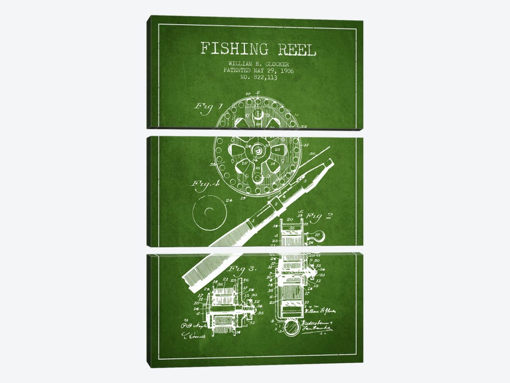 Fishing Reel Green Patent Blueprint by Aged Pixel 3-piece Art Print