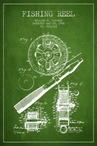 Fishing: Fishing Reel Green Patent Blueprint by Aged Pixel