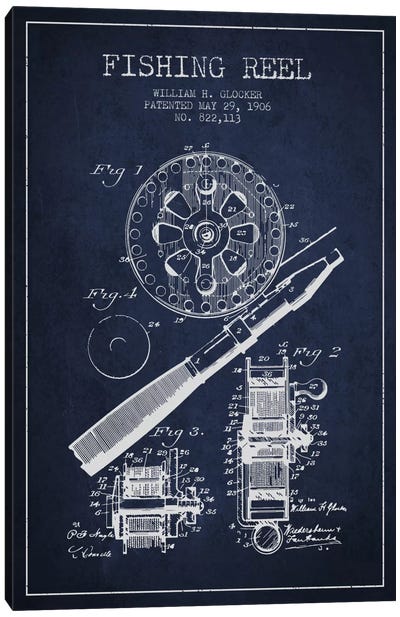 Fishing Reel Navy Blue Patent Blueprint Canvas Art Print - Sports Blueprints