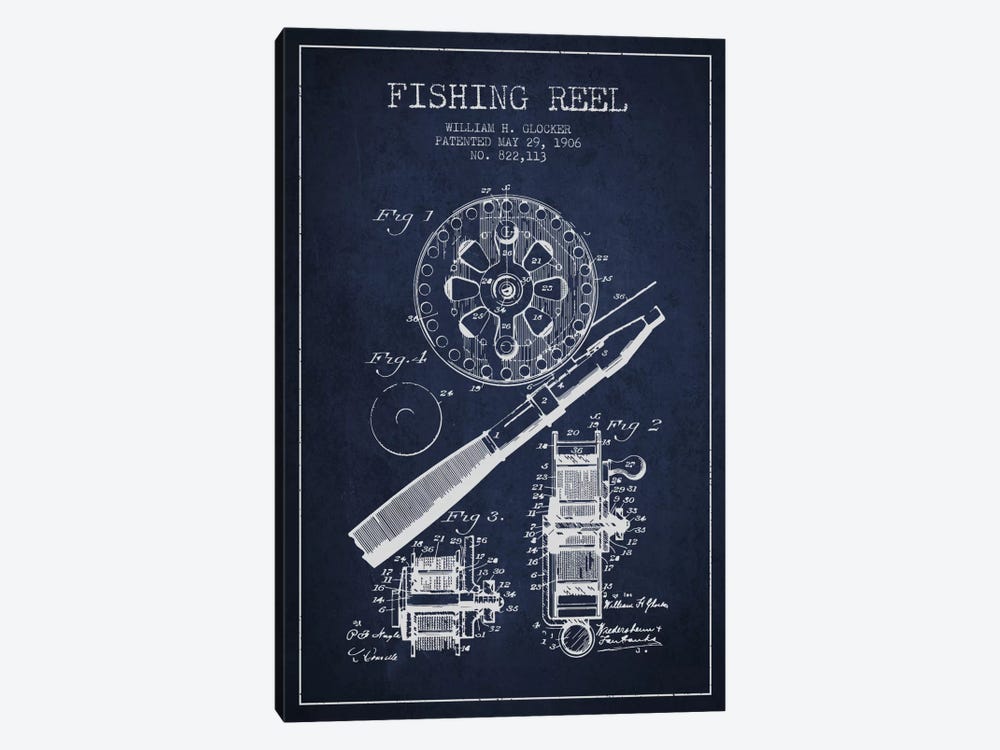 Fishing Reel Navy Blue Patent Blueprint by Aged Pixel 1-piece Canvas Artwork