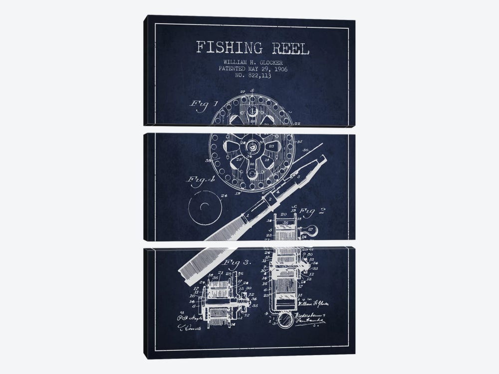 Fishing Reel Navy Blue Patent Blueprint by Aged Pixel 3-piece Canvas Wall Art