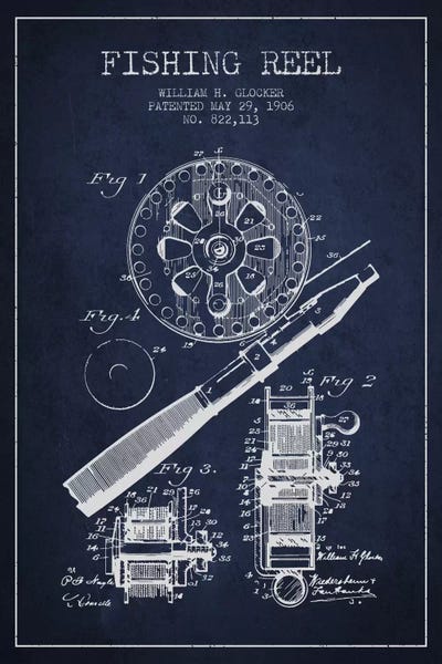 Sports Blueprints: Fishing Reel Navy Blue Patent Blueprint by Aged Pixel