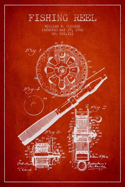 Fishing Reel Red Patent Blueprint