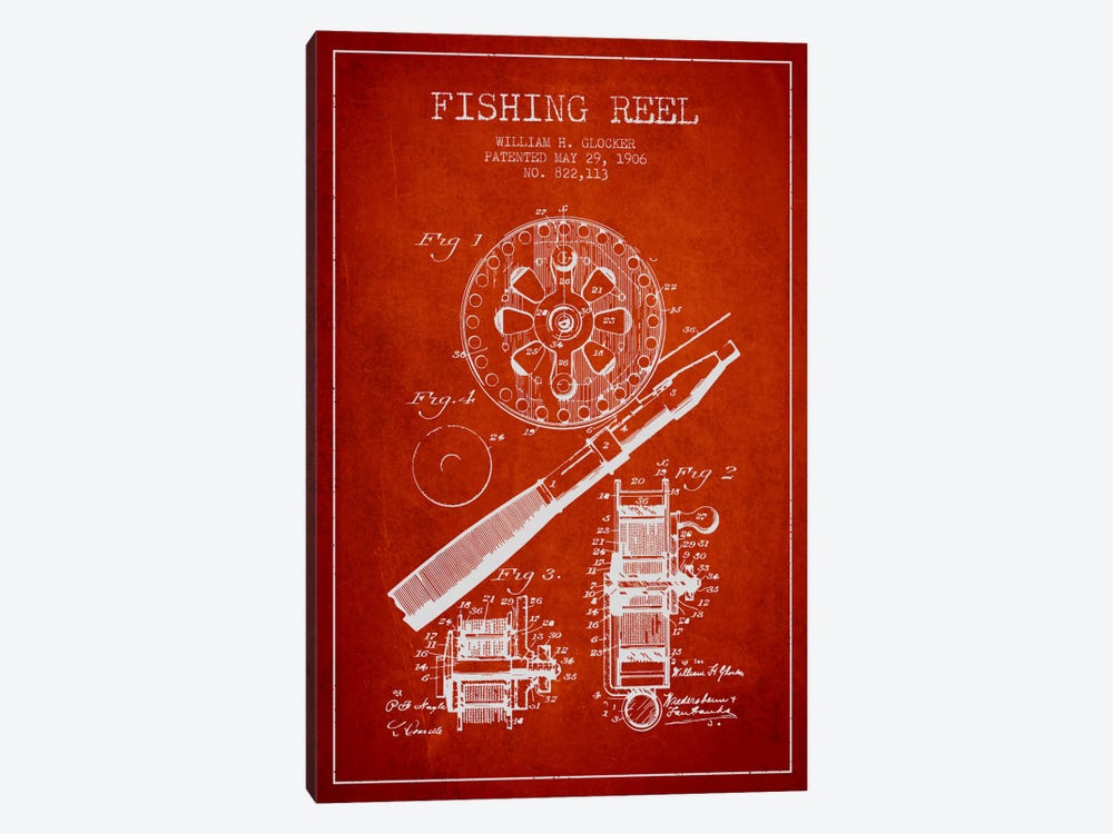 Fishing Reel Red Patent Blueprint by Aged Pixel 1-piece Art Print