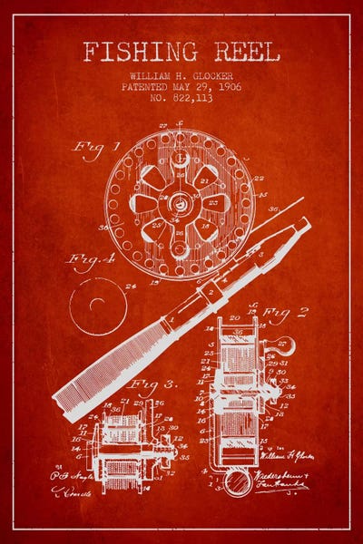 Sports Blueprints: Fishing Reel Red Patent Blueprint by Aged Pixel