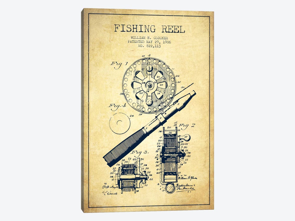 Fishing Reel Vintage Patent Blueprint by Aged Pixel 1-piece Canvas Art