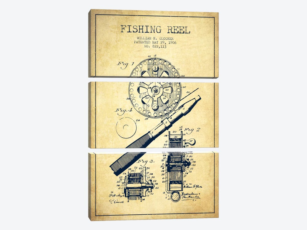 Fishing Reel Vintage Patent Blueprint by Aged Pixel 3-piece Canvas Wall Art