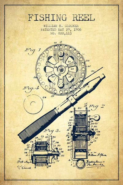 Sports Blueprints: Fishing Reel Vintage Patent Blueprint by Aged Pixel