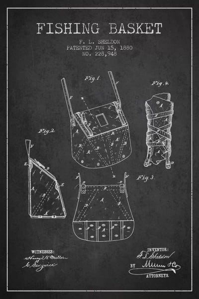 Fishing: Fishing Basket Charcoal Patent Blueprint by Aged Pixel