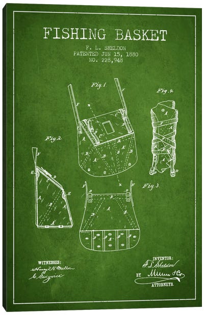 Fishing Basket Green Patent Blueprint Canvas Art Print