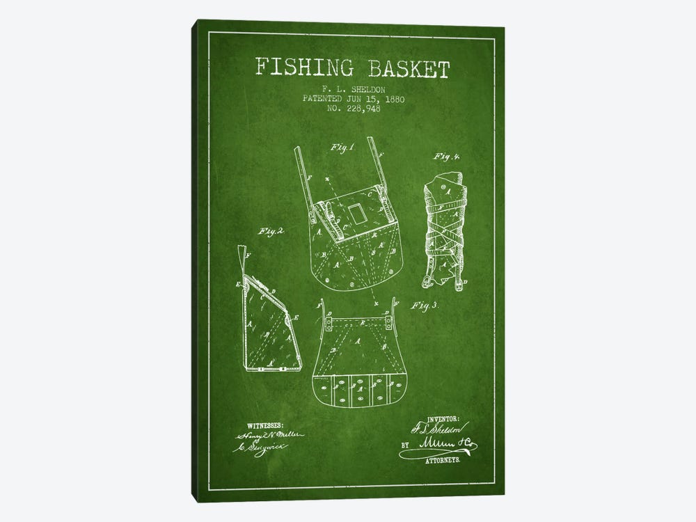 Fishing Basket Green Patent Blueprint by Aged Pixel 1-piece Canvas Artwork