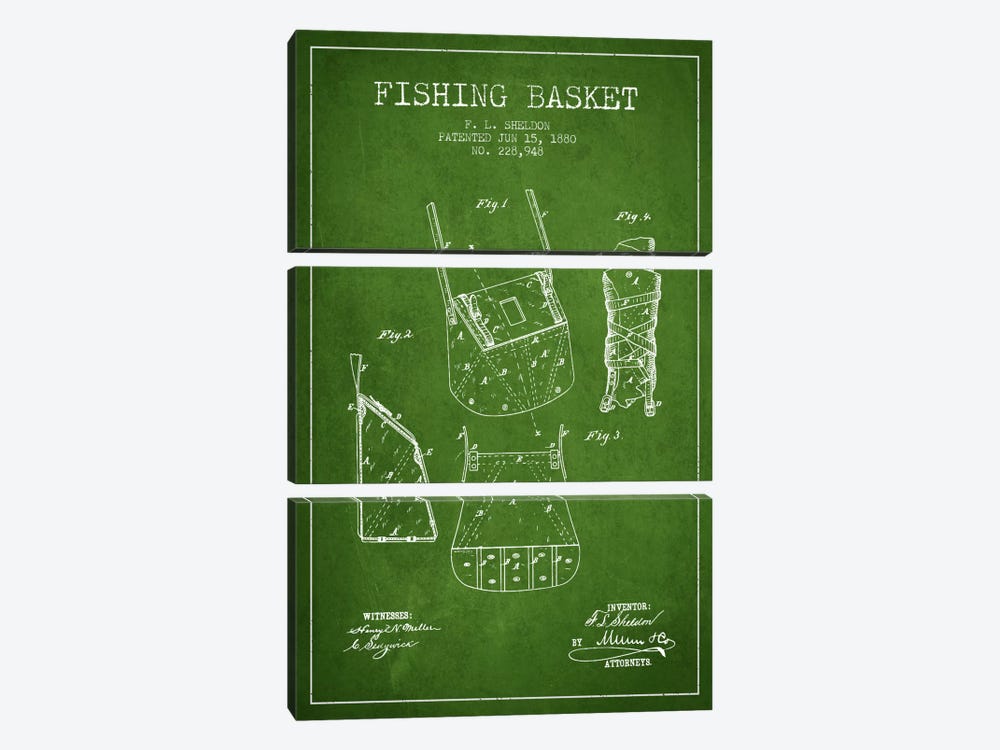 Fishing Basket Green Patent Blueprint by Aged Pixel 3-piece Canvas Artwork
